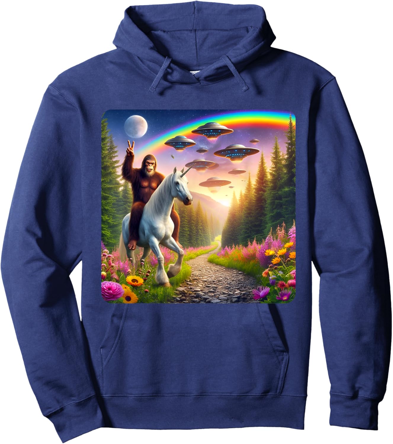 Bigfoot Riding Unicorn Funny Bigfoot Unicorn Selfie UFO Hoodie - Hoodie | Navy
