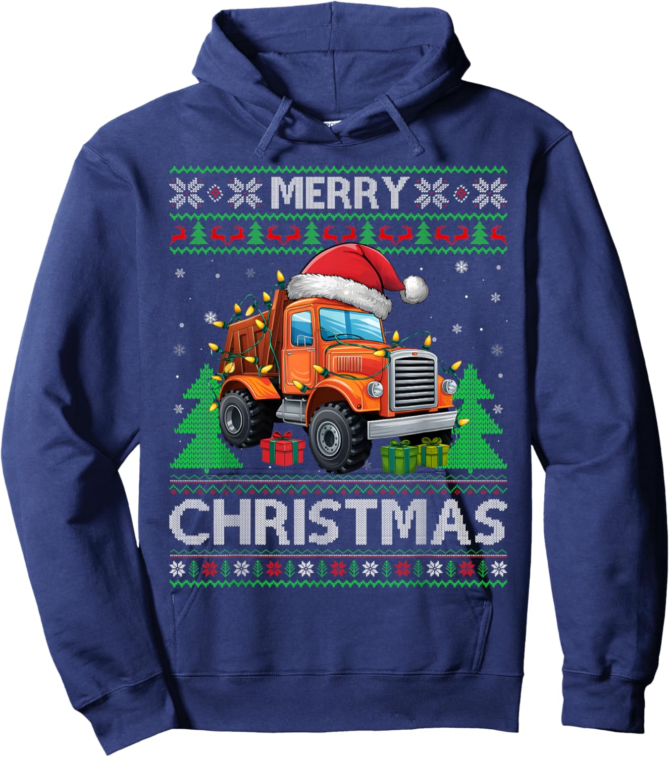 Ugly Xmas Sweater Style Santa Construction Truck Christmas Hoodie - Hoodie | Navy