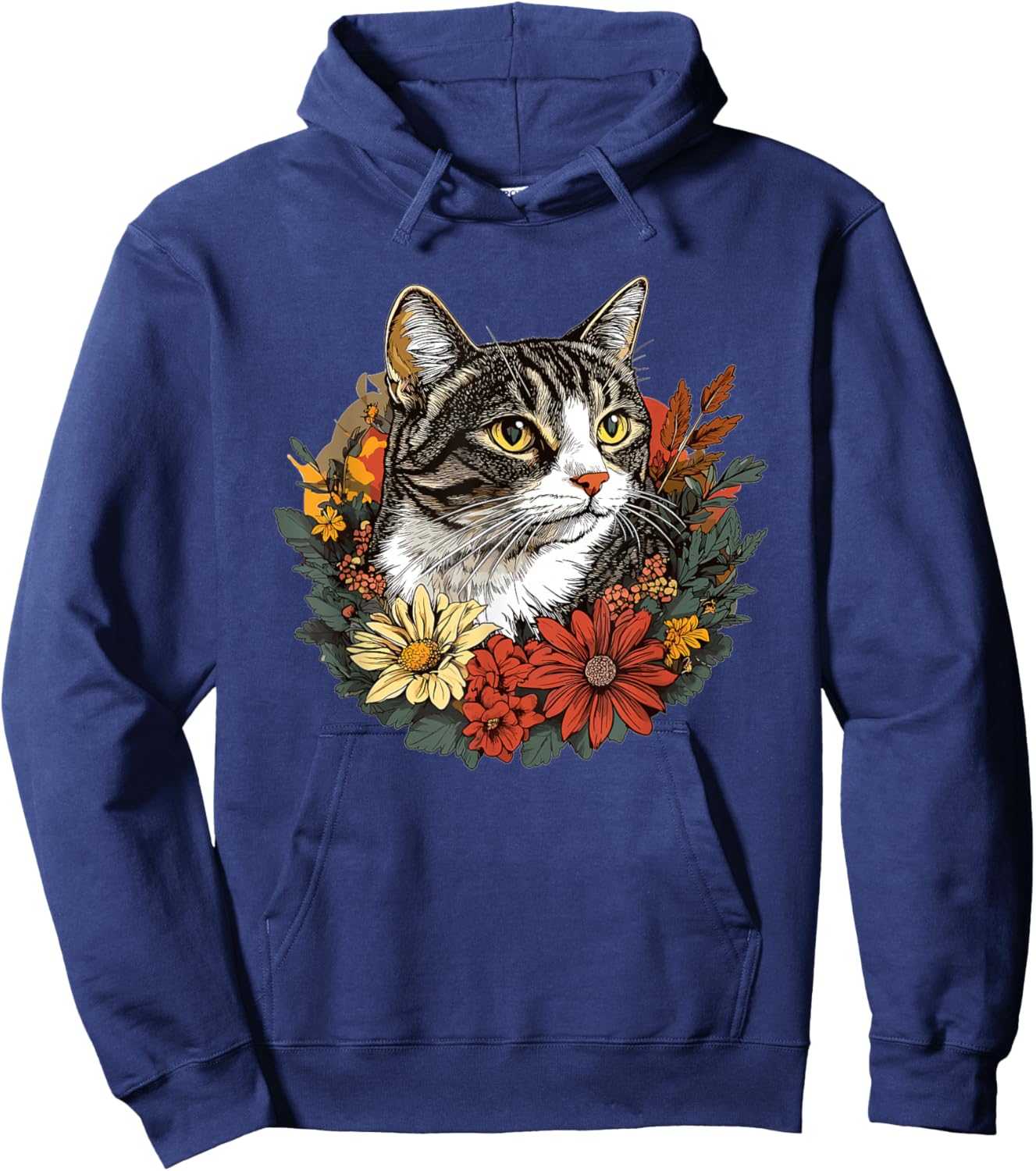 Tabby Cat Surrounded By Colorful Flowers Hoodie - Hoodie | Navy