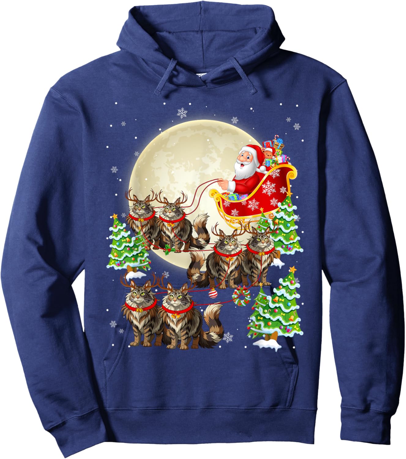 Funny Maine Coon Cat Reindeer Santa Sleigh Merry Christmas Hoodie - Hoodie | Navy