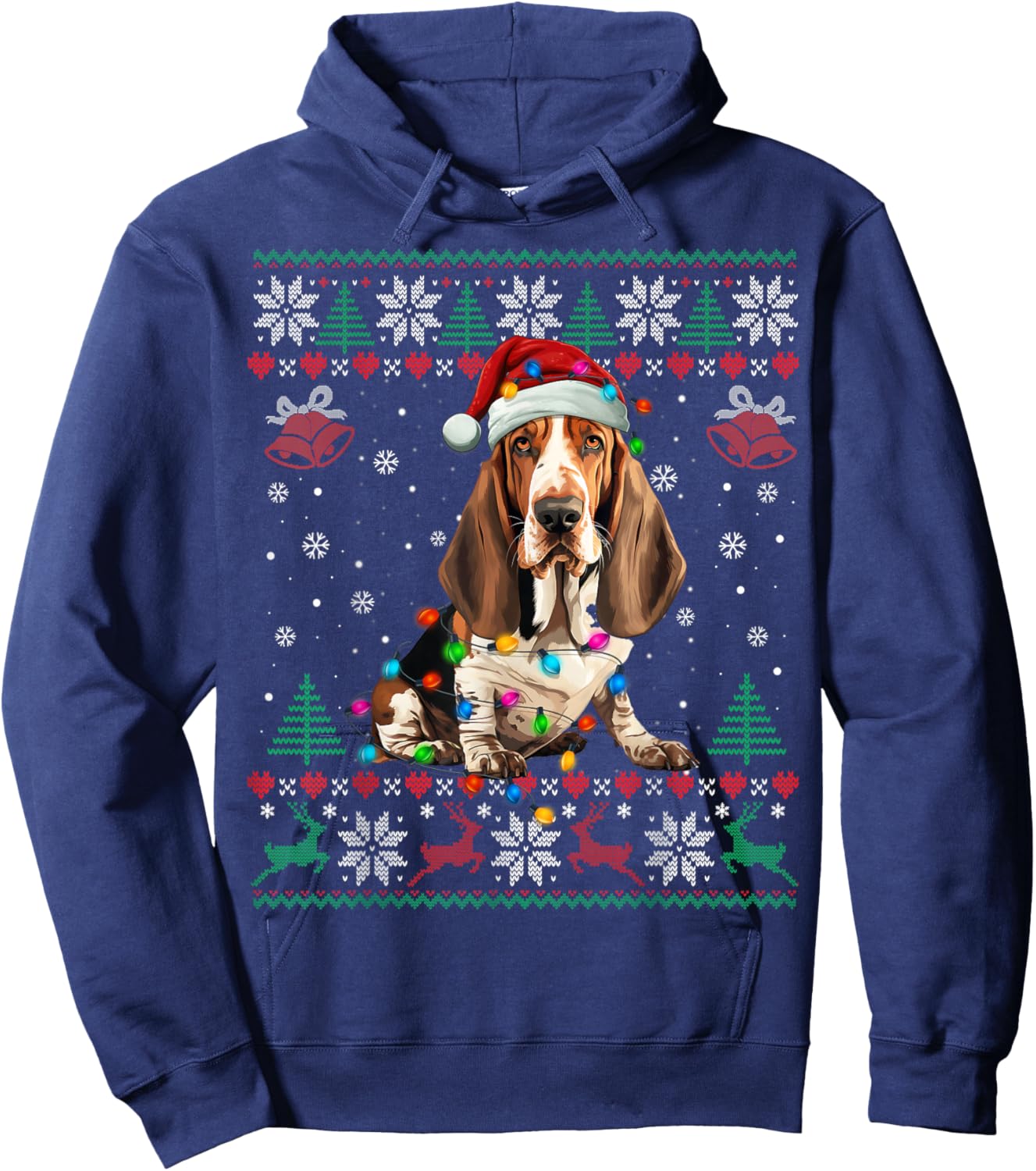 Dog Christmas Lights Ugly Sweater Basset Hound Dog Xmas Hoodie - Hoodie | Navy