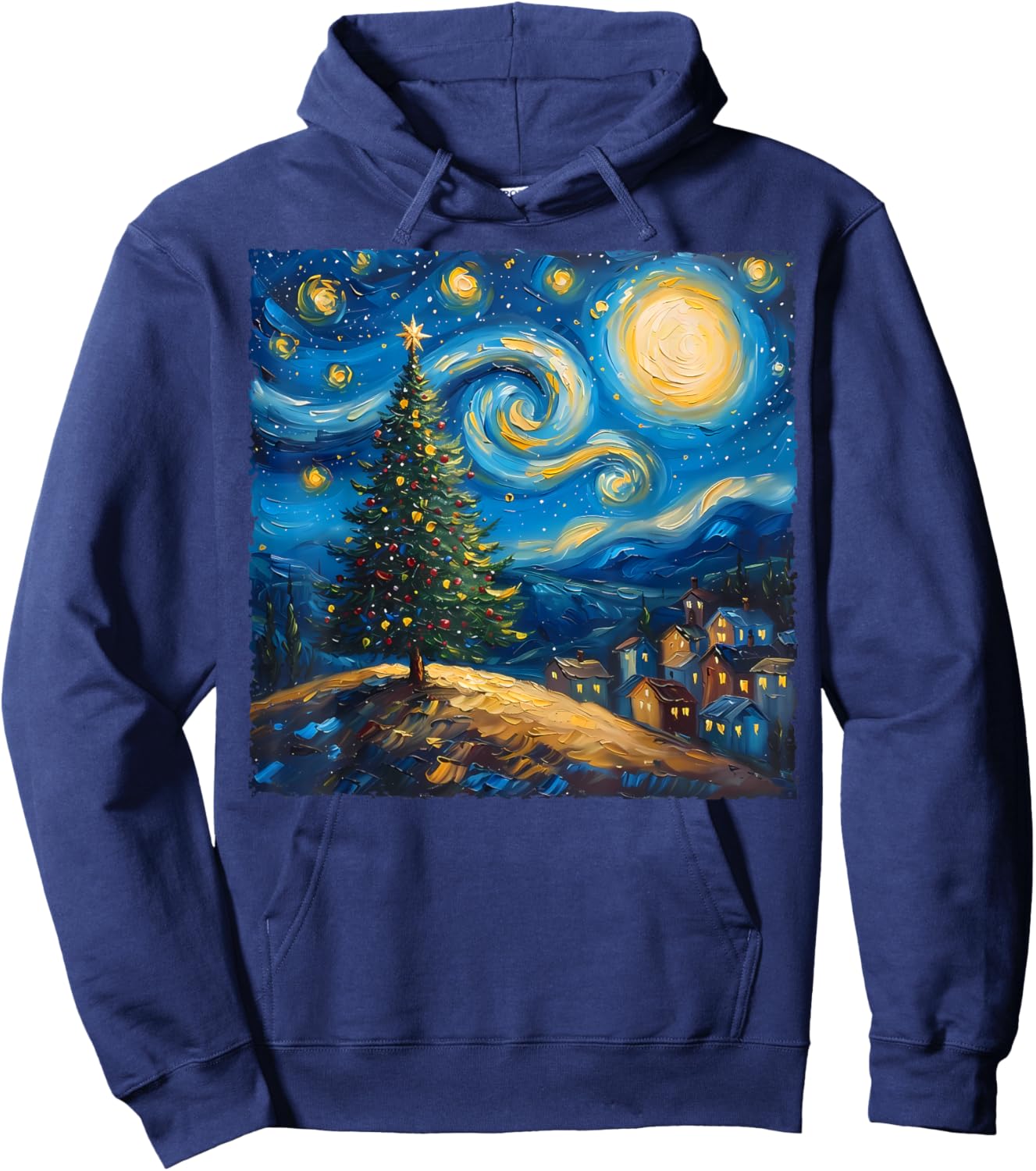 Van Gogh Style The Starry Night Christmas Tree Village Art Hoodie - Hoodie | Navy