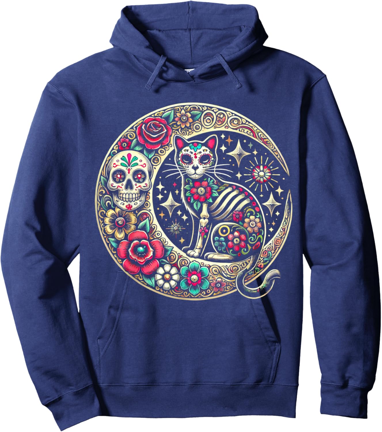 Cat Moon Dia De Los Muertos Day Of The Dead Sugar Skull Hoodie - Hoodie | Navy