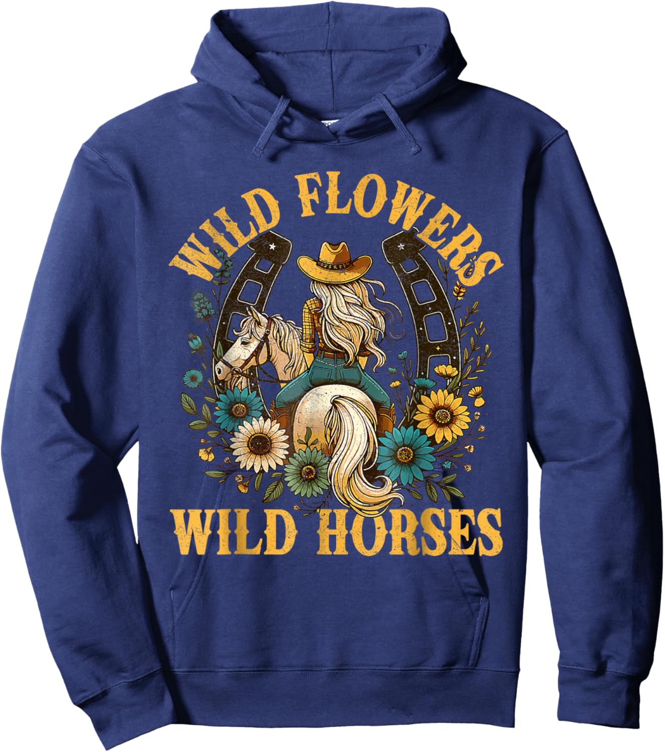 Retro Southern Sunset Cowgirl Wild Flowers Wild Horses Hoodie - Hoodie | Navy