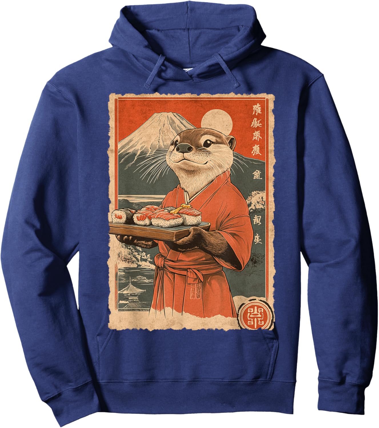 Funny Vintage Japanese Food Art Cute Sea Otter Sushi Chef Hoodie - Hoodie | Navy