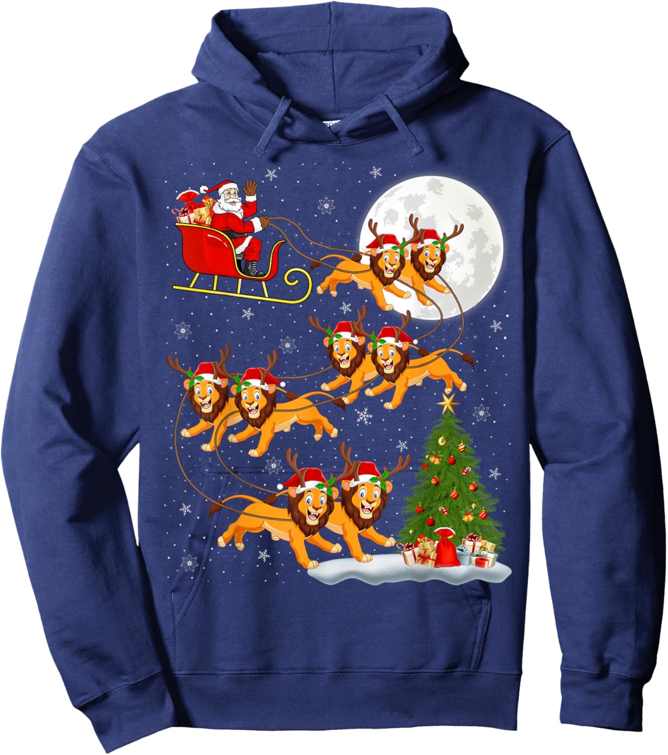 Xmas Tree Lights Funny Santa Riding Lion Christmas Hoodie - Hoodie | Navy