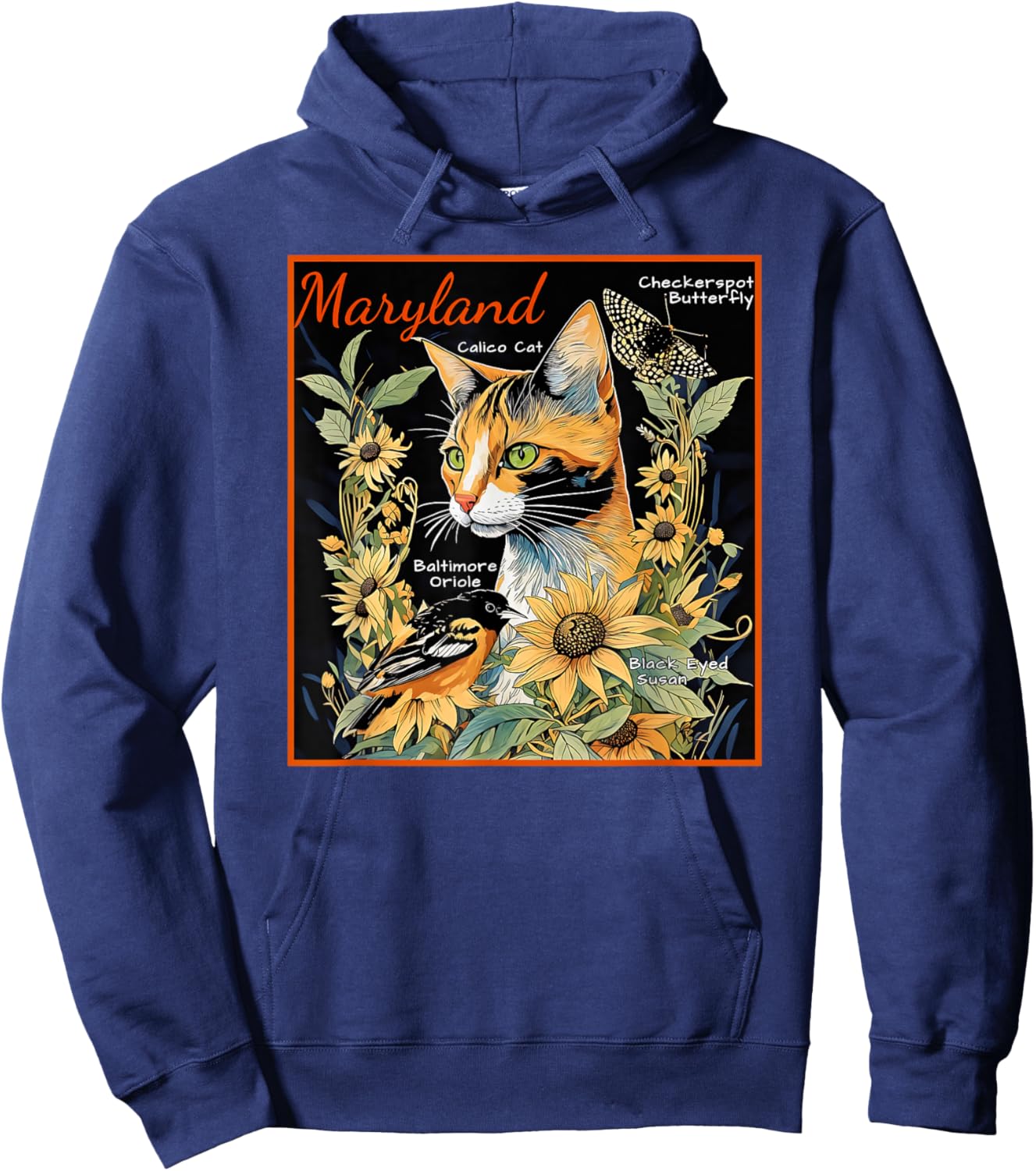 Maryland's Official Cat Butterfly and Bird a Colorful Art Men Women Kids Hoodie - Hoodie | Navy