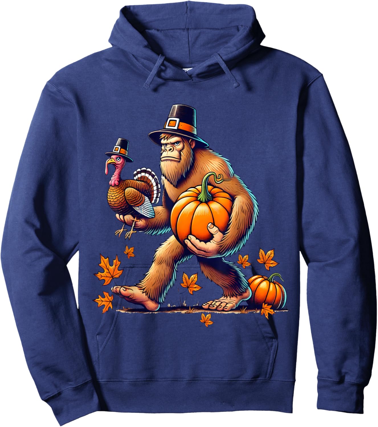 Bigfoot Pilgrim Turkey Pumpkin Funny Thanksgiving Girl Boy Hoodie - Hoodie | Navy