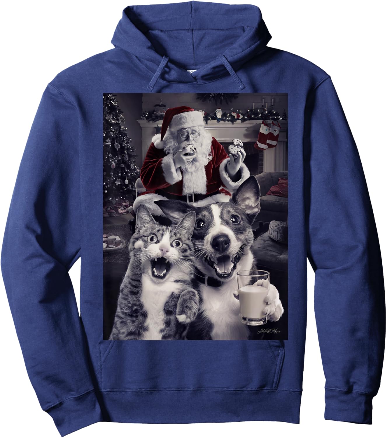 Funny Dog and Cat Selfie with Santa Christmas Men Women Girls Kids Hoodie - Hoodie | Navy