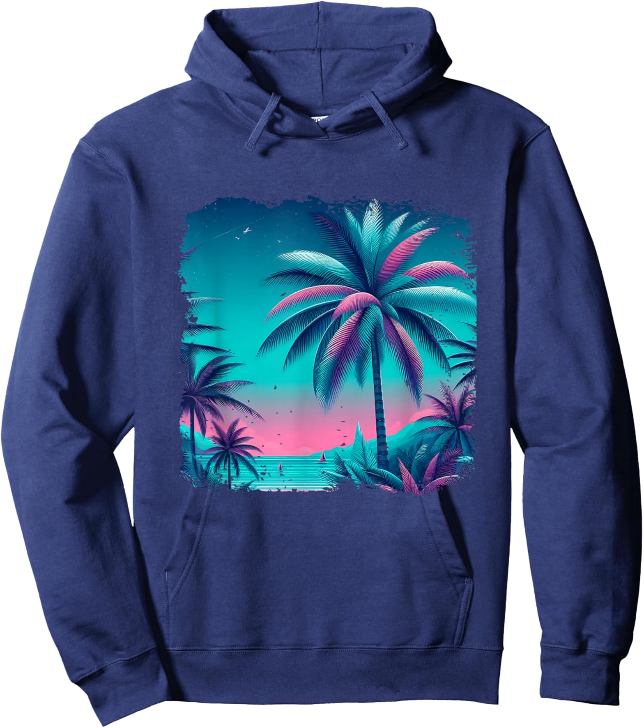 Palm a Trees Tropical Teal Turquoise Purple Beach Vacation Hoodie - Hoodie | Navy