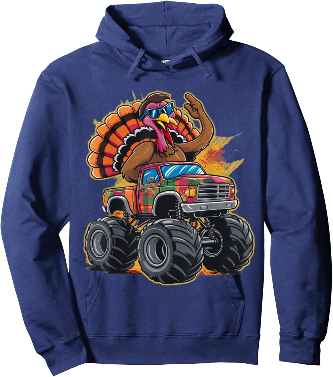 Thanksgiving Turkey Riding Monster Truck Boys Kids Hoodie - Hoodie | Navy