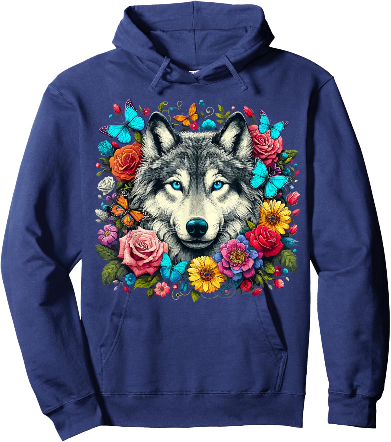 Wolf Animal With Flowers Hoodie - Hoodie | Navy