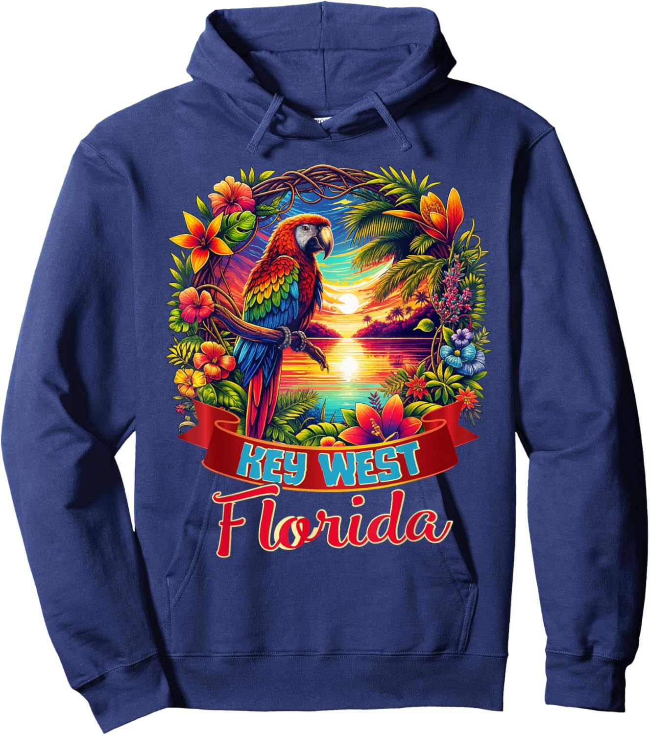 Key West Florida Shirt Parrot Tropical Beach Hibiscus Flower Hoodie - Hoodie | Navy