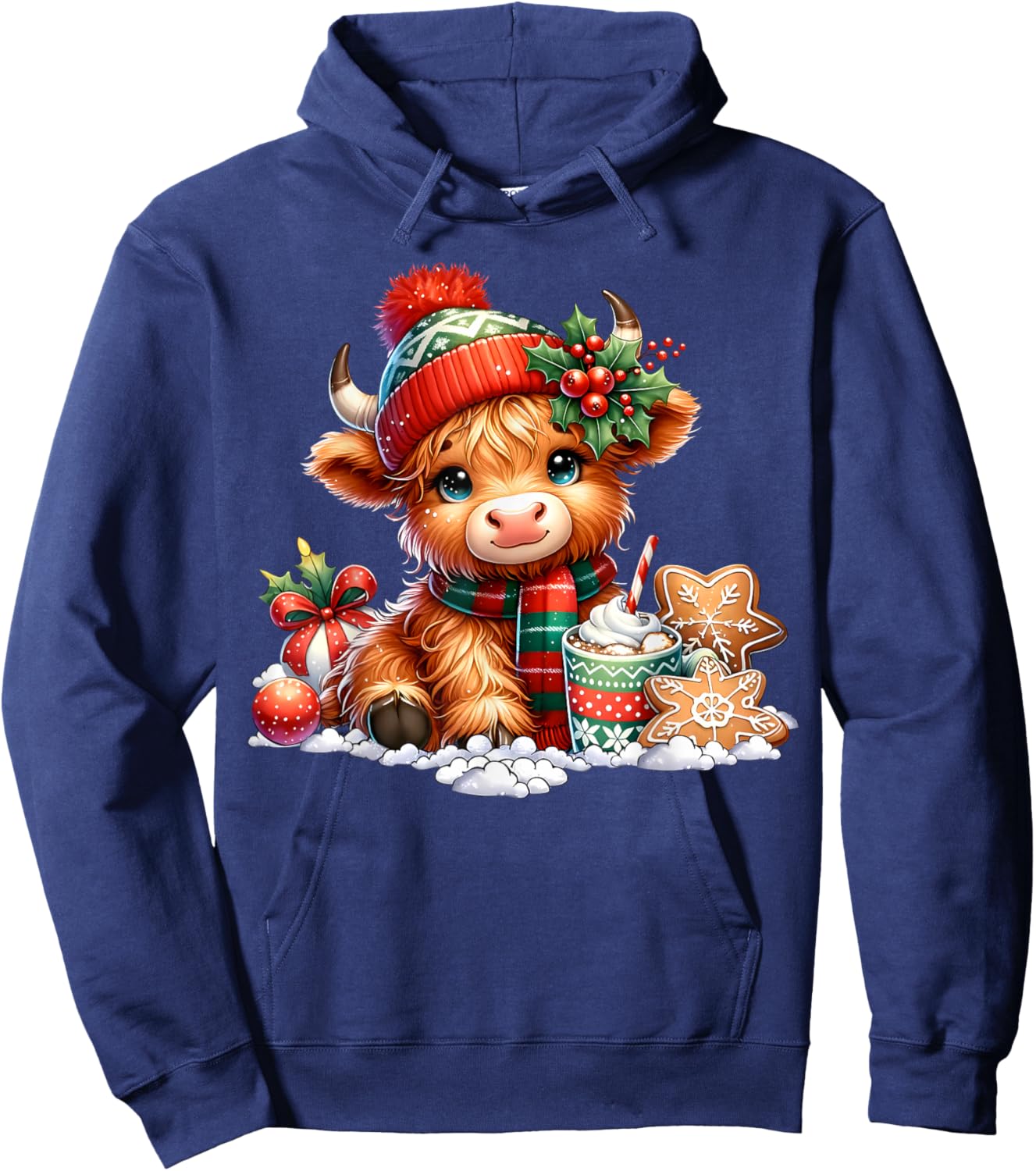 Christmas Highland Cow Cute Heifer Cow Santa Hat Mooey Xmas Hoodie - Hoodie | Navy