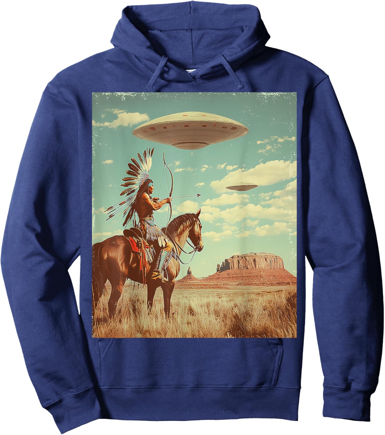 Retro Desert Indian Riding Horse Shooting Bow Arrow UFO Art Hoodie - Hoodie | Navy