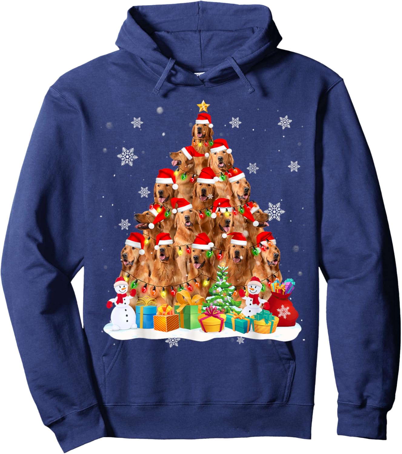 Golden Retriever Santa Christmas Tree Lights Dog Xmas 2025 Women Kids Hoodie - Hoodie | Navy