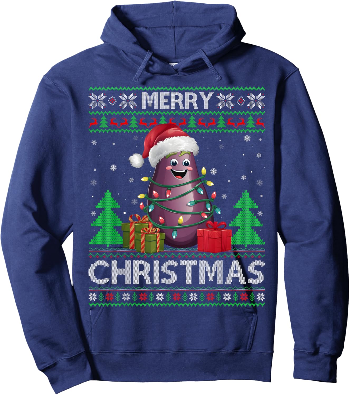 Ugly Xmas Sweater Style Lights Santa Eggplant Christmas Hoodie - Hoodie | Navy