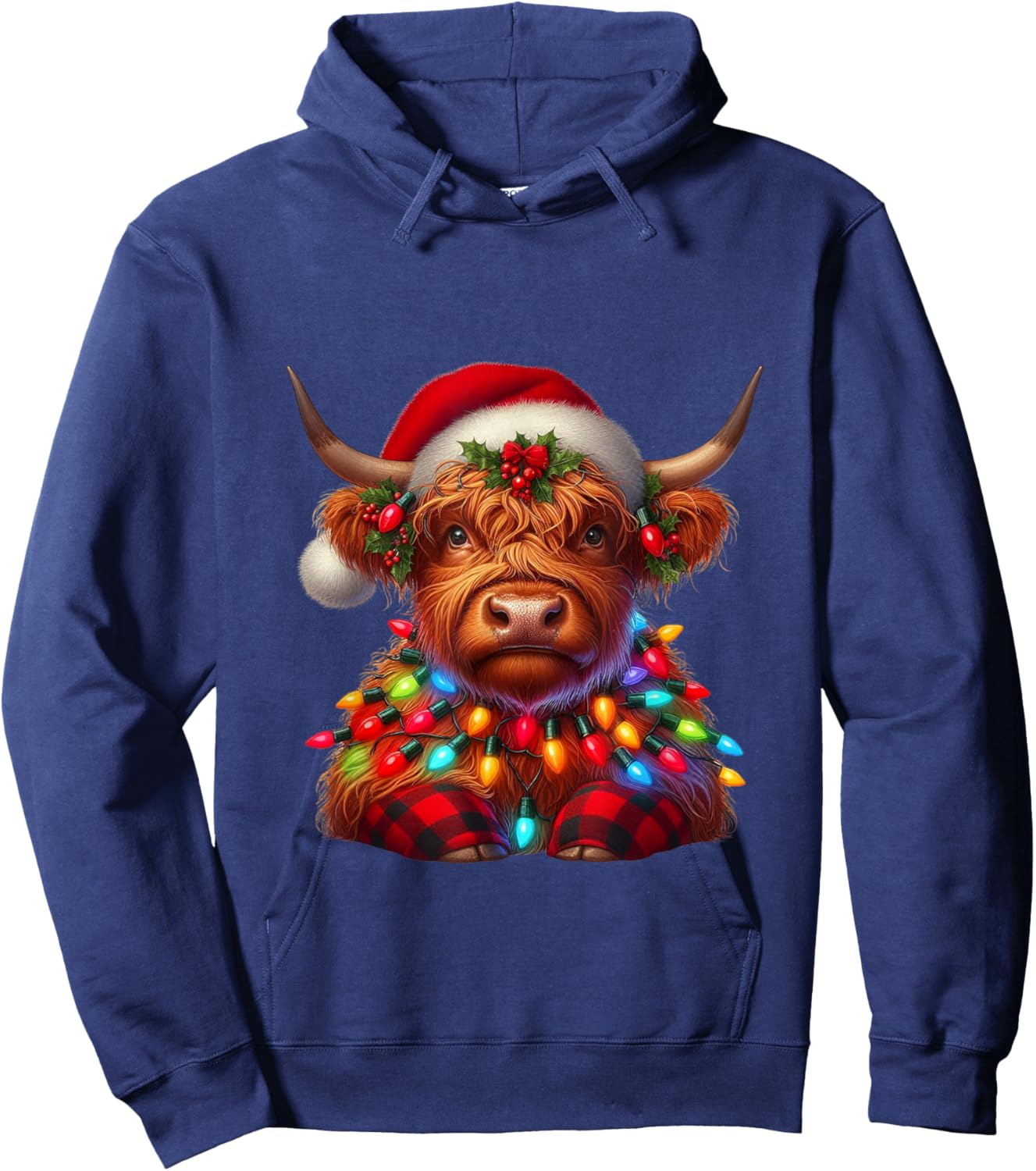 Scottish Highland Cow Christmas Santa Hat Lights Xmas Pajama Hoodie - Hoodie | Navy