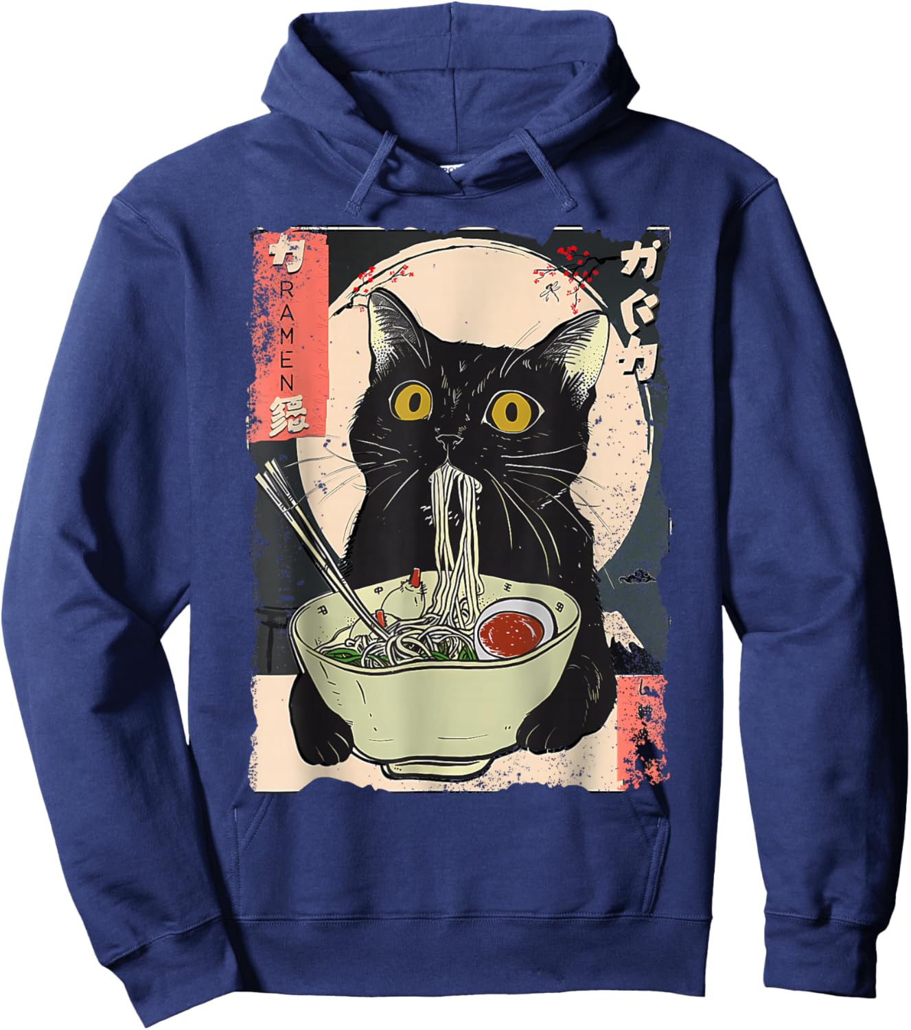 Vintage Cat Eating Ramen Funny Japanese Noodles Hoodie - Hoodie | Navy