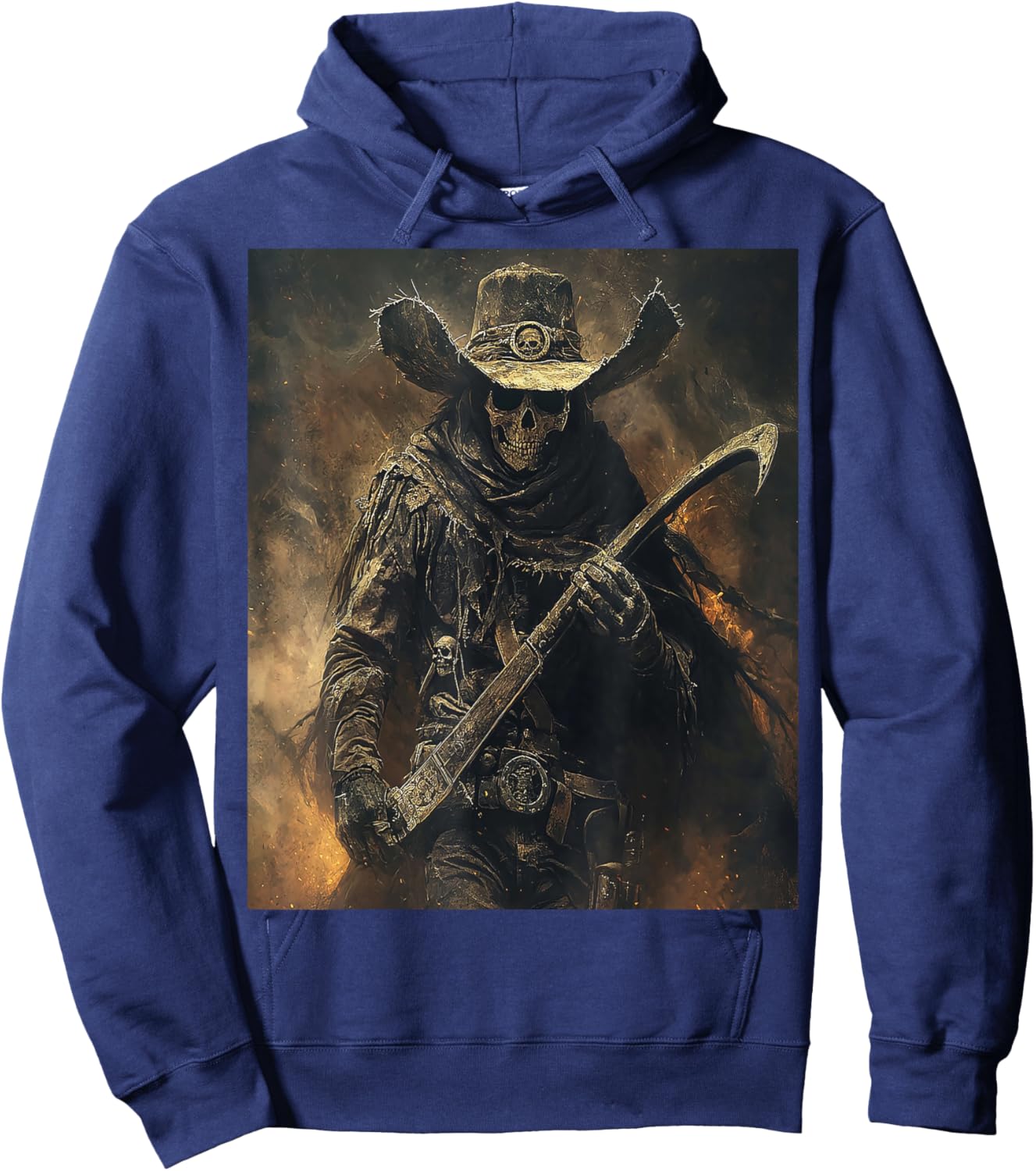 Western Grim Reaper Cowboy Wearing Hat Scythe Skull Art Hoodie - Hoodie | Navy