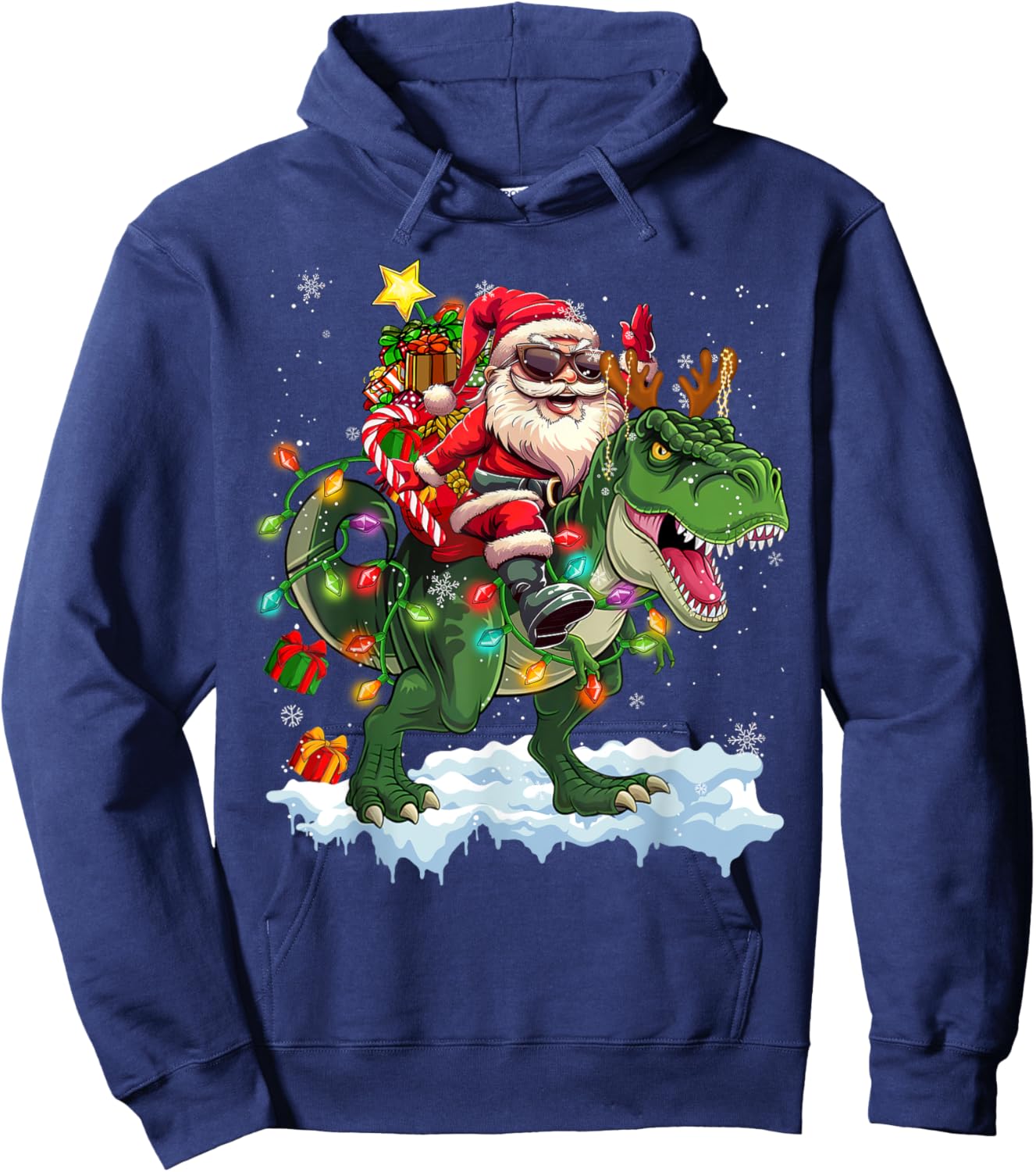 Merry Christmas 2025 Santa Riding Dinosaur Xmas Boy Men Kids Hoodie - Hoodie | Navy