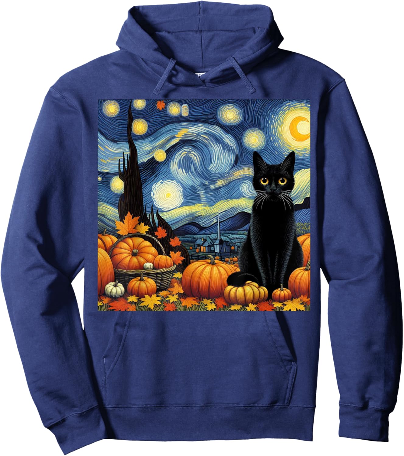 Thanksgiving Van Gogh Starry Night Black Cat Pumpkins Cat Lo Hoodie - Hoodie | Navy