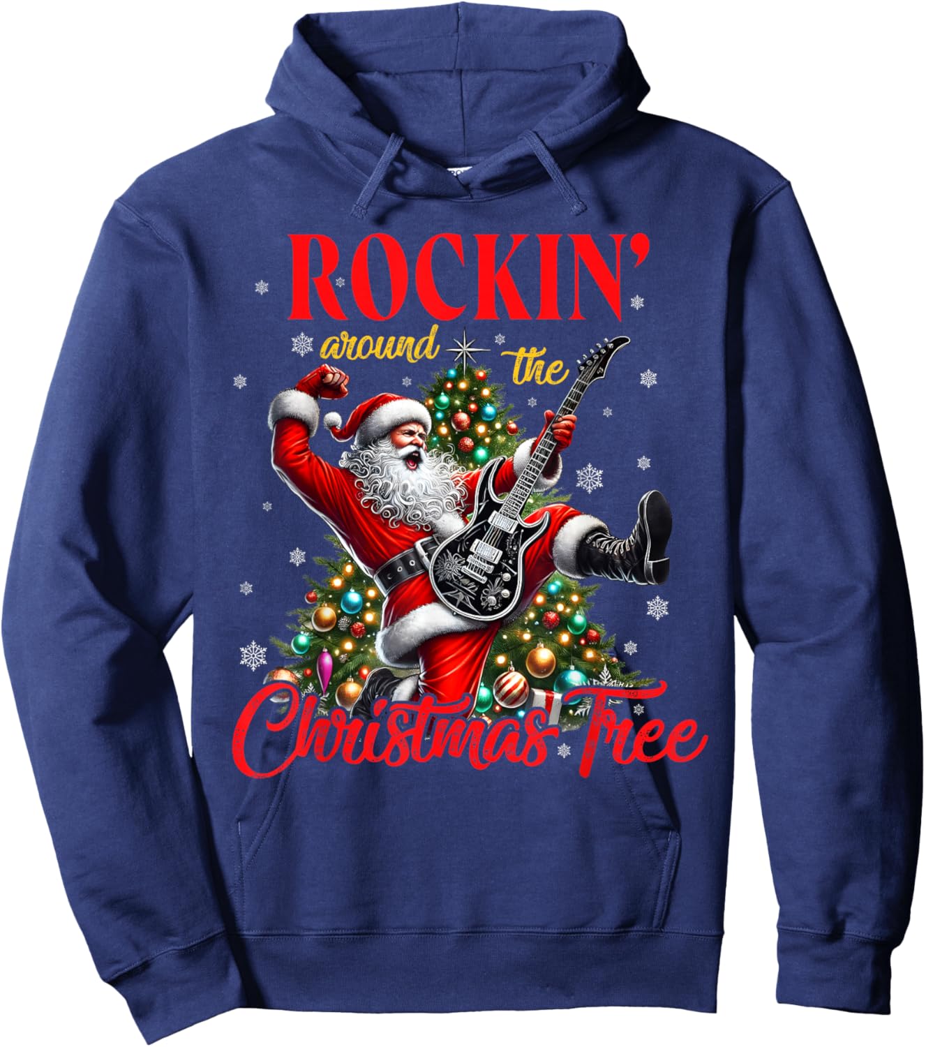 Rocking Around the Christmas Tree Santa Rock And Roll Guitar Hoodie - Hoodie | Navy