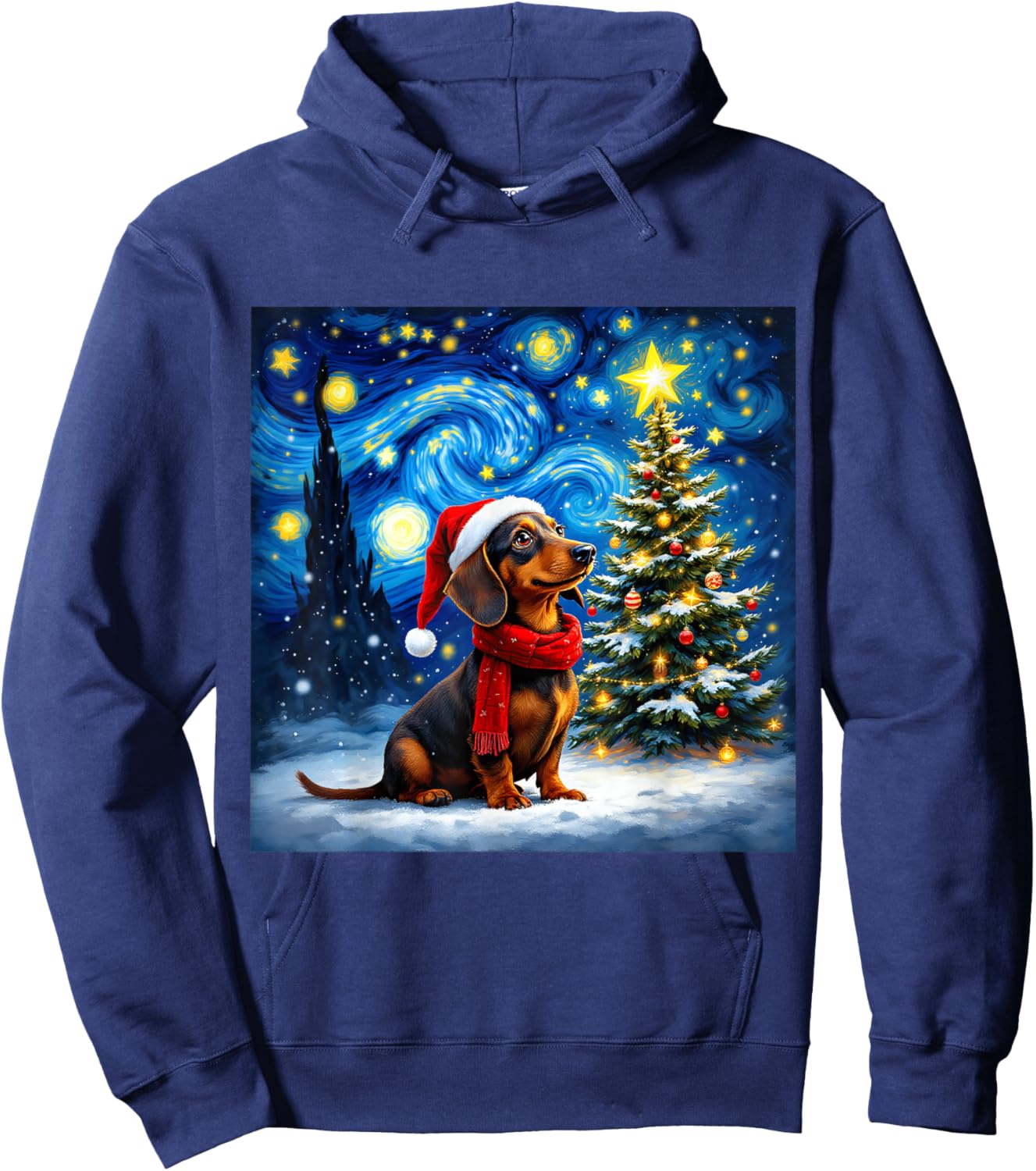 Dachshund Starry Night Christmas Van Gogh Dog Santa Hat Hoodie - Hoodie | Navy