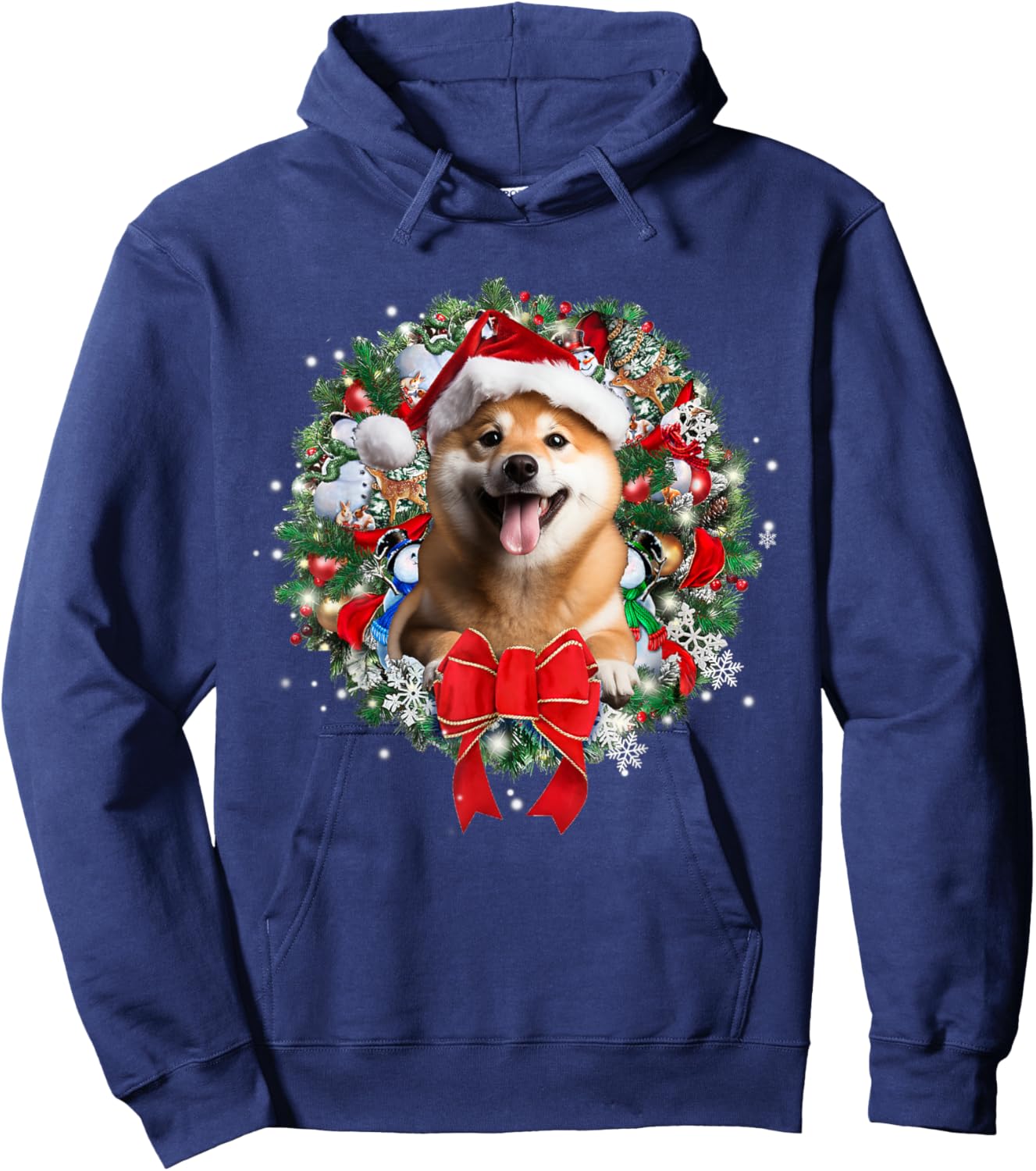 Shiba Inu Christmas Wreath Decoration Xmas Pajamas Hoodie - Hoodie | Navy
