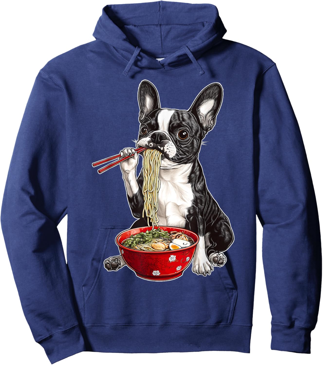 Boston Terrier Dog Eating Ramen Bowl Japanese Noodles Hoodie - Hoodie | Navy