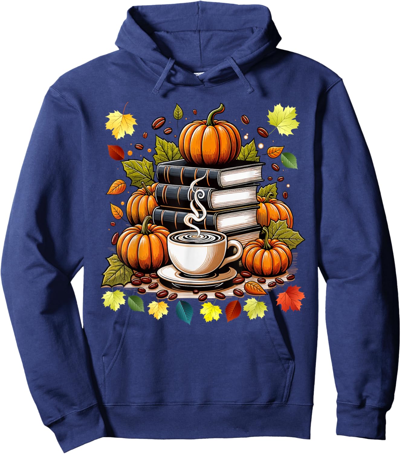 Books Coffee Fall Leaves and Pumpkins Vintage Library Hoodie - Hoodie | Navy