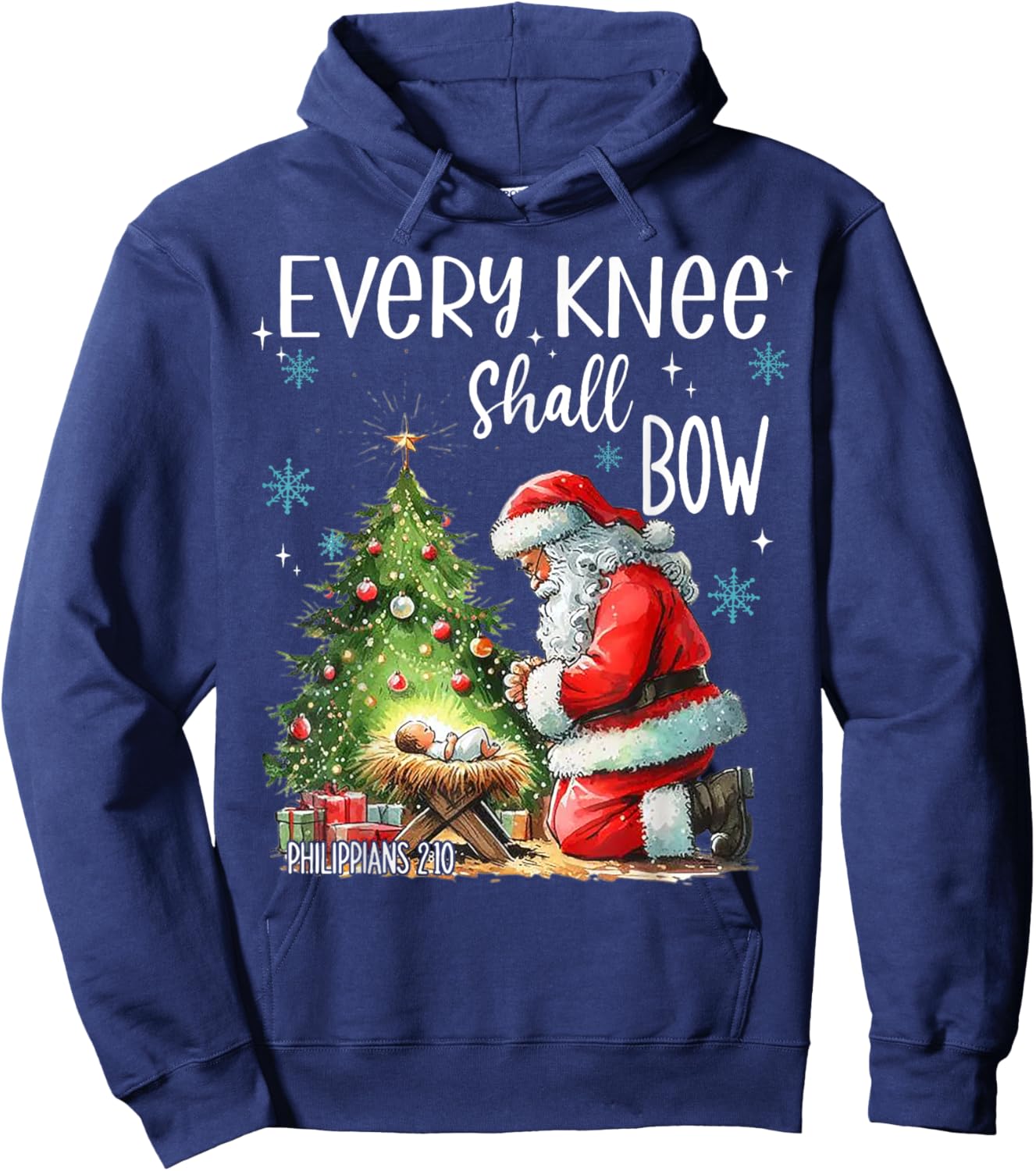 Every Knee Shall Bow Funny Kneeling Santa Baby Jesus Hoodie - Hoodie | Navy