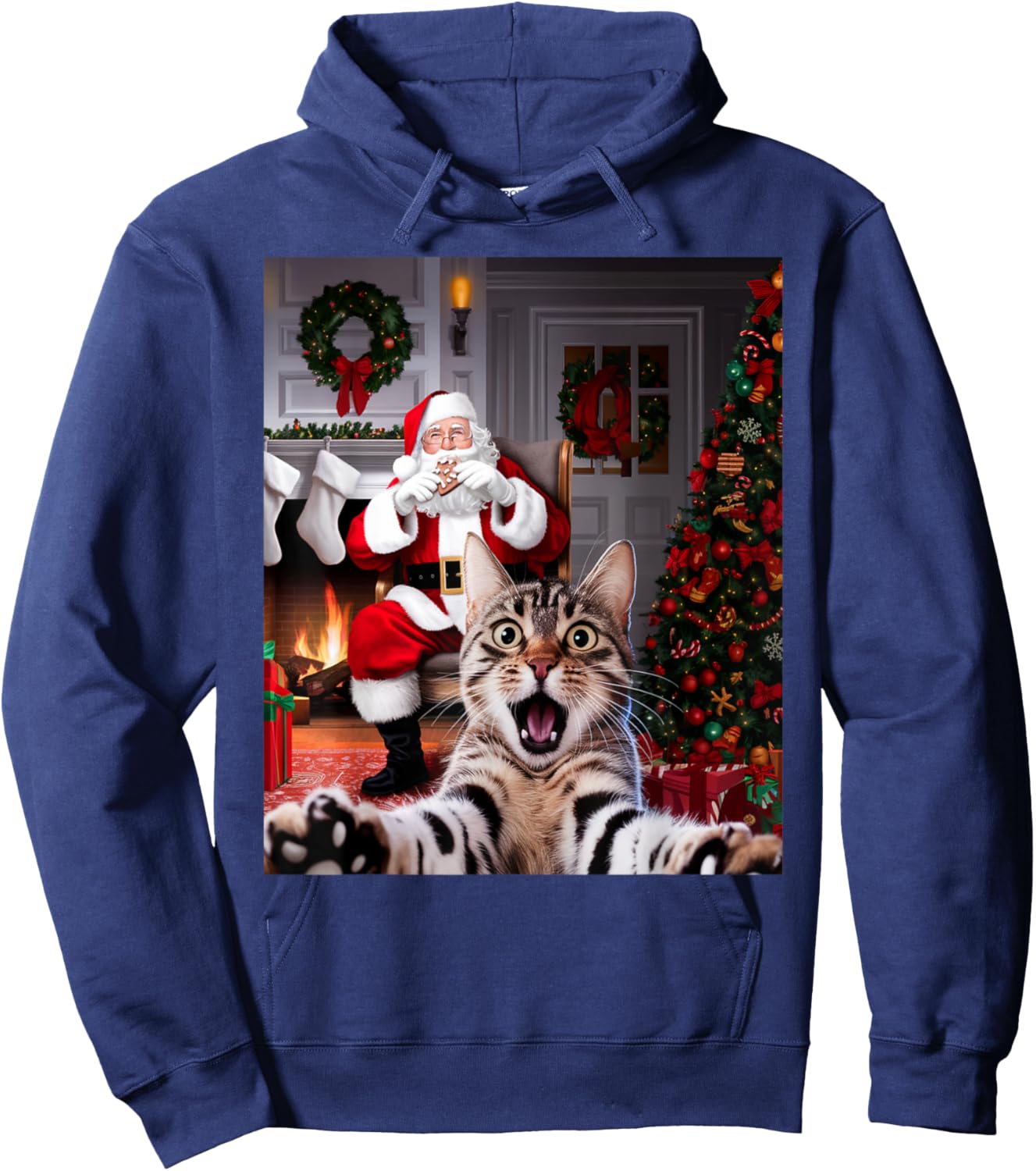 Christmas Funny Cat Selfie with Santa Claus Cute Holiday Hoodie - Hoodie | Navy