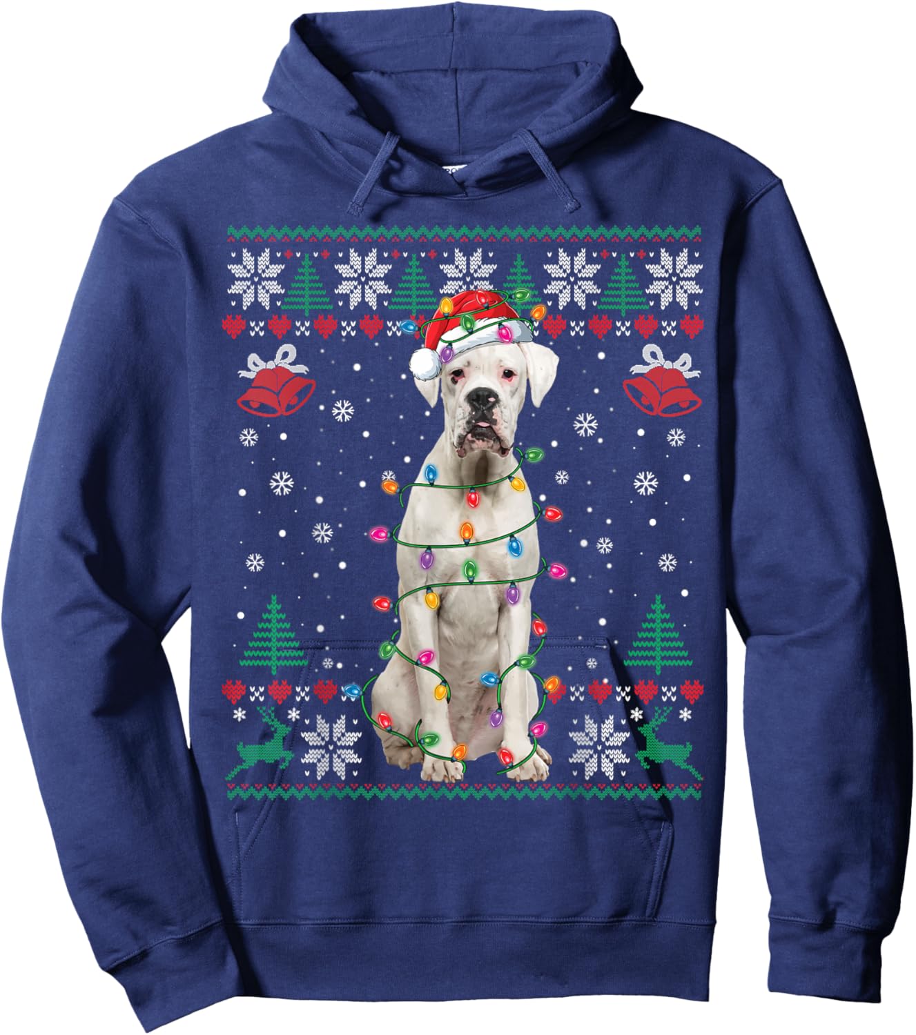 White Boxer Dog Ugly Christmas Sweater Funny Xmas Hoodie - Hoodie | Navy