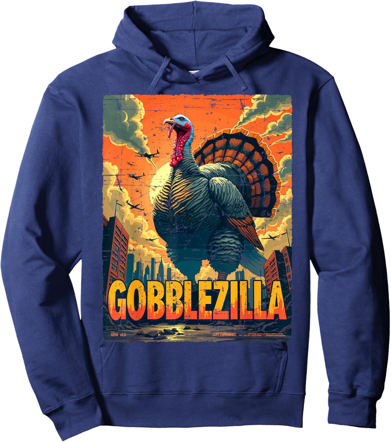 Vintage Funny Thanksgiving Day Gobblezilla Turkey Humor Hoodie - Hoodie | Navy