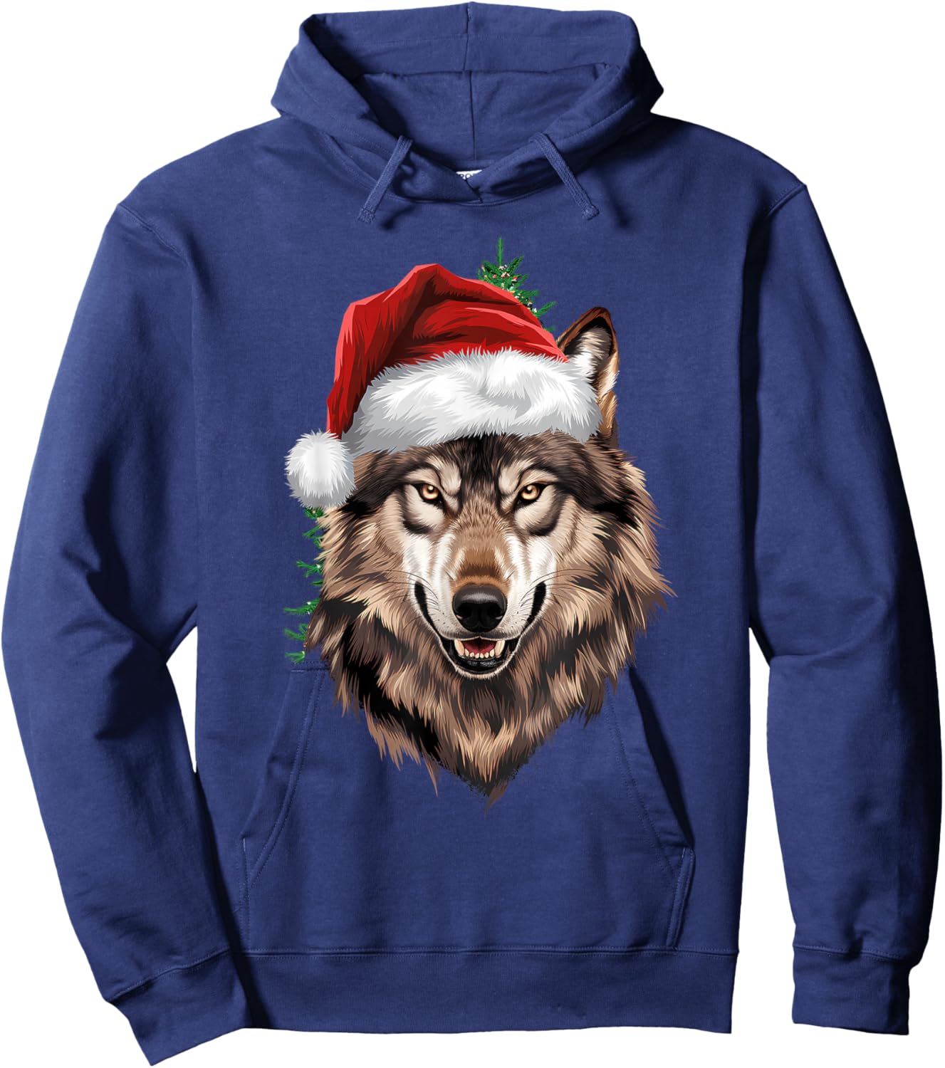 Wolf Christmas Funny Xmas tree Wearing Santa Hat Hoodie - Hoodie | Navy