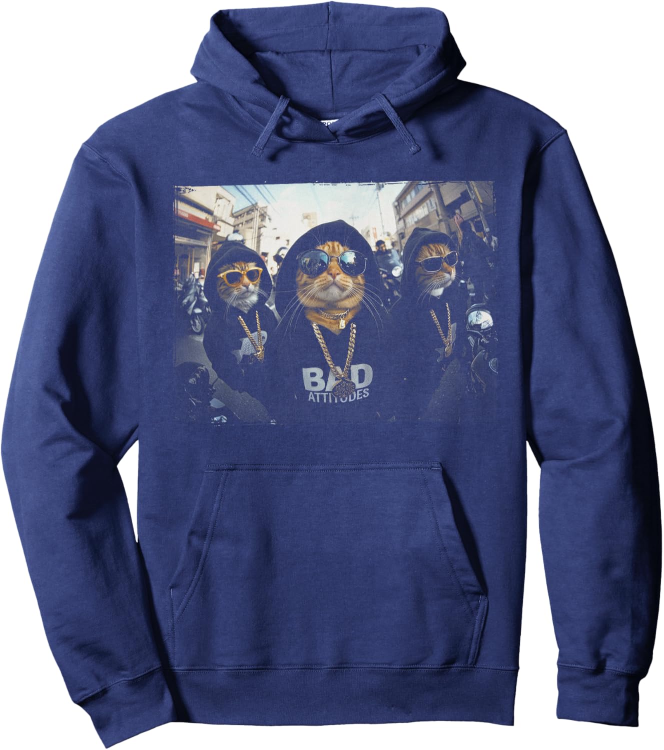 Hip Hop Gangster Cats Metal Rocker Sunglasses Feline Humor Hoodie - Hoodie | Navy