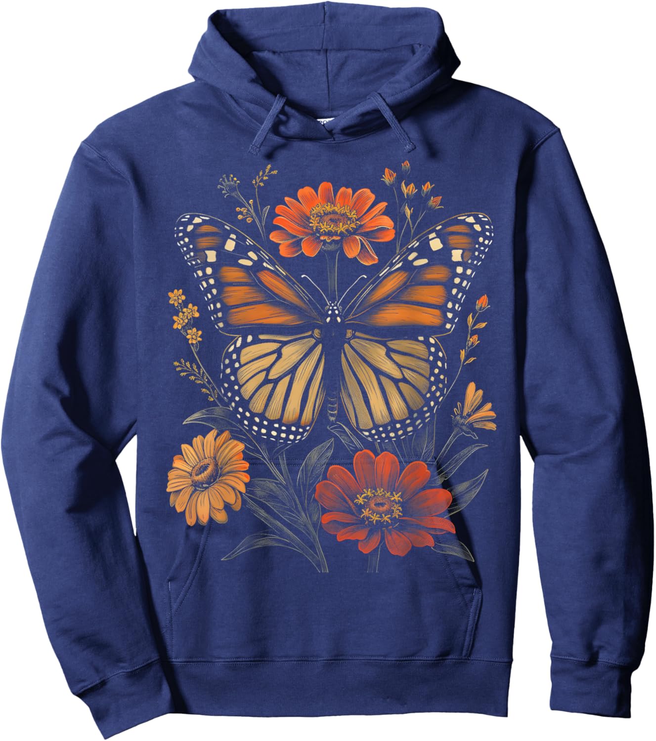 Vintage Monarch Butterfly Zinnias Flower Girl Plant Mom Hoodie - Hoodie | Navy