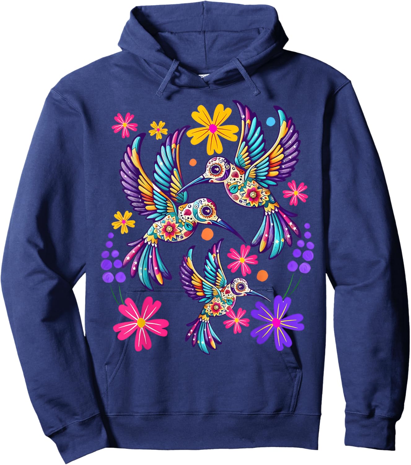Hummingbird Colorful Mexican Flowers Bird Floral Nature Hoodie - Hoodie | Navy