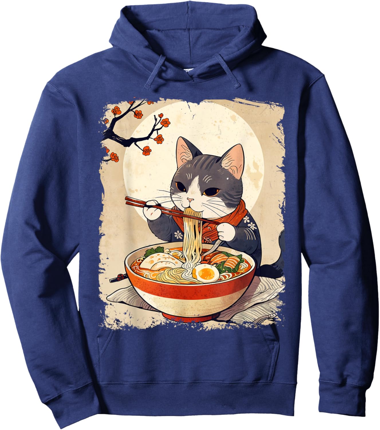 Cat Ramen Japanese Funny Graphic Kawaii Cat Anime Ukiyo-e Hoodie - Hoodie | Navy