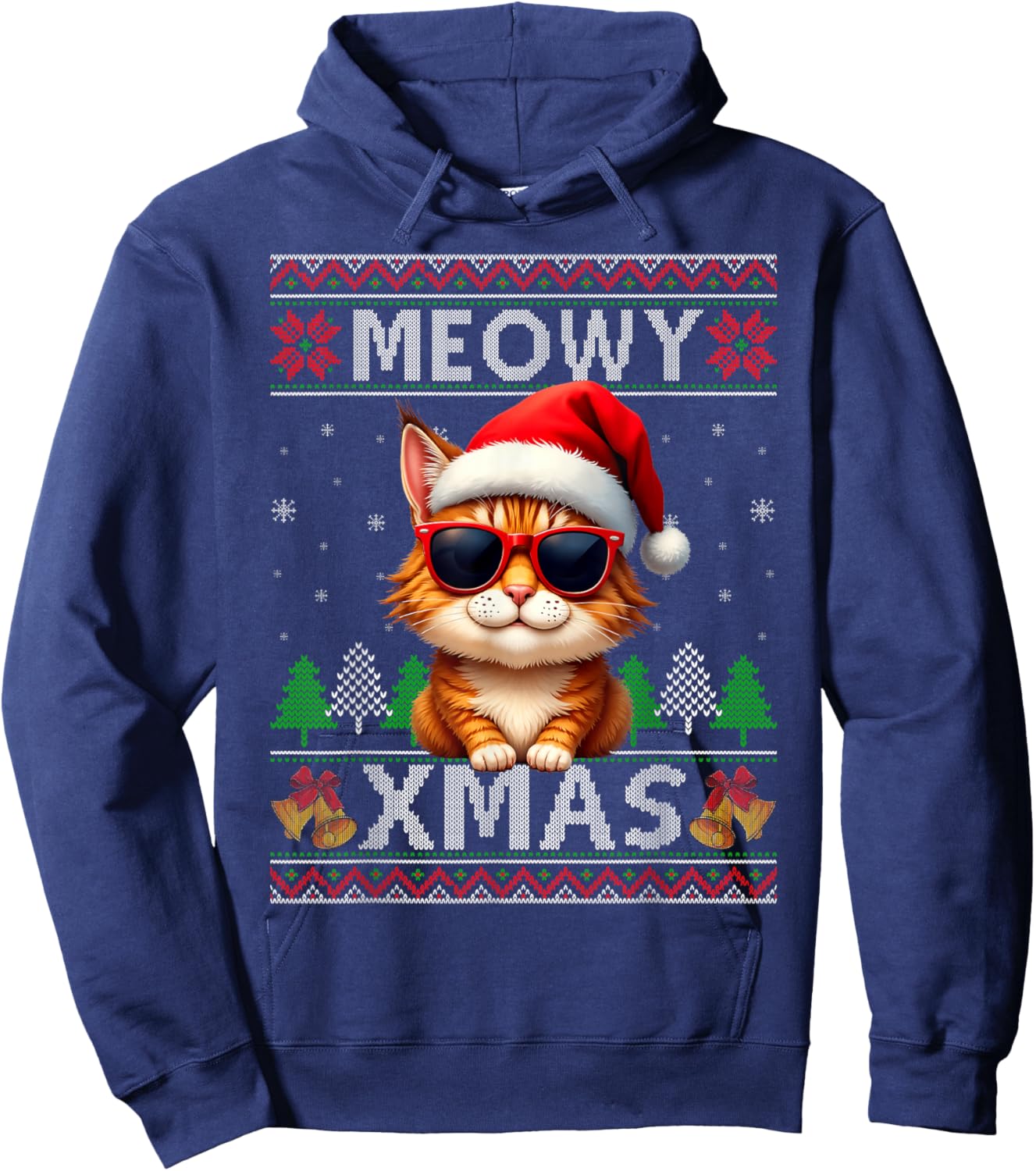 Meowy Xmas Cat Sunglasses Xmas Lights Ugly Christmas Sweater Hoodie - Hoodie | Navy