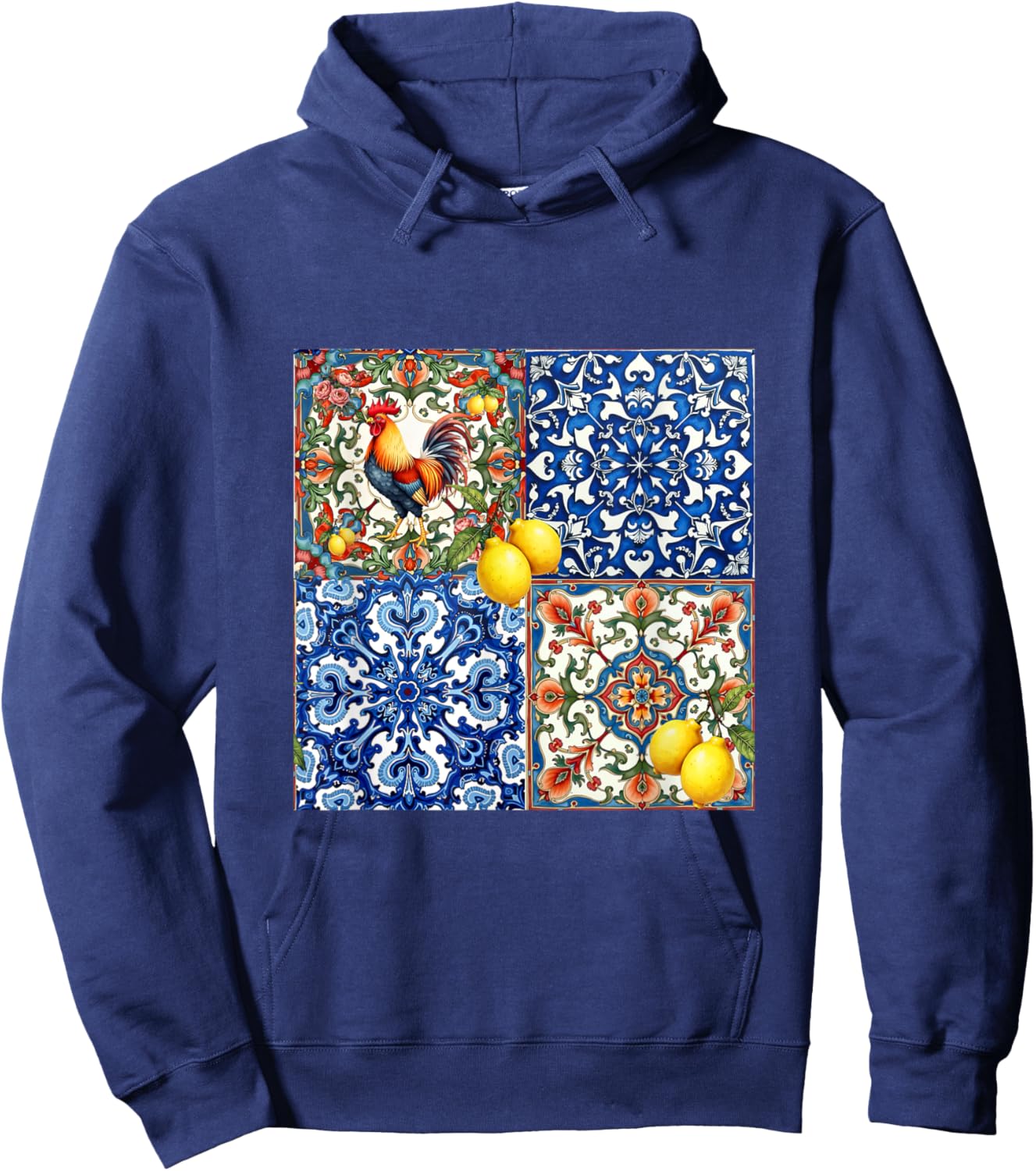 Rooster bird, Italian style,citrus,lemon,folklore pattern Hoodie - Hoodie | Navy