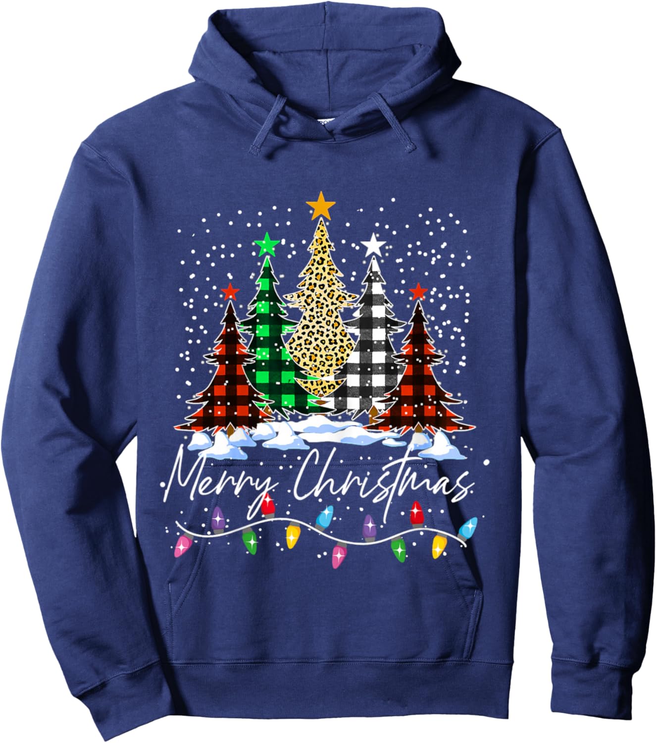 Merry Christmas Trees With Buffalo Red Plaid Leopard Xmas Hoodie - Hoodie | Navy