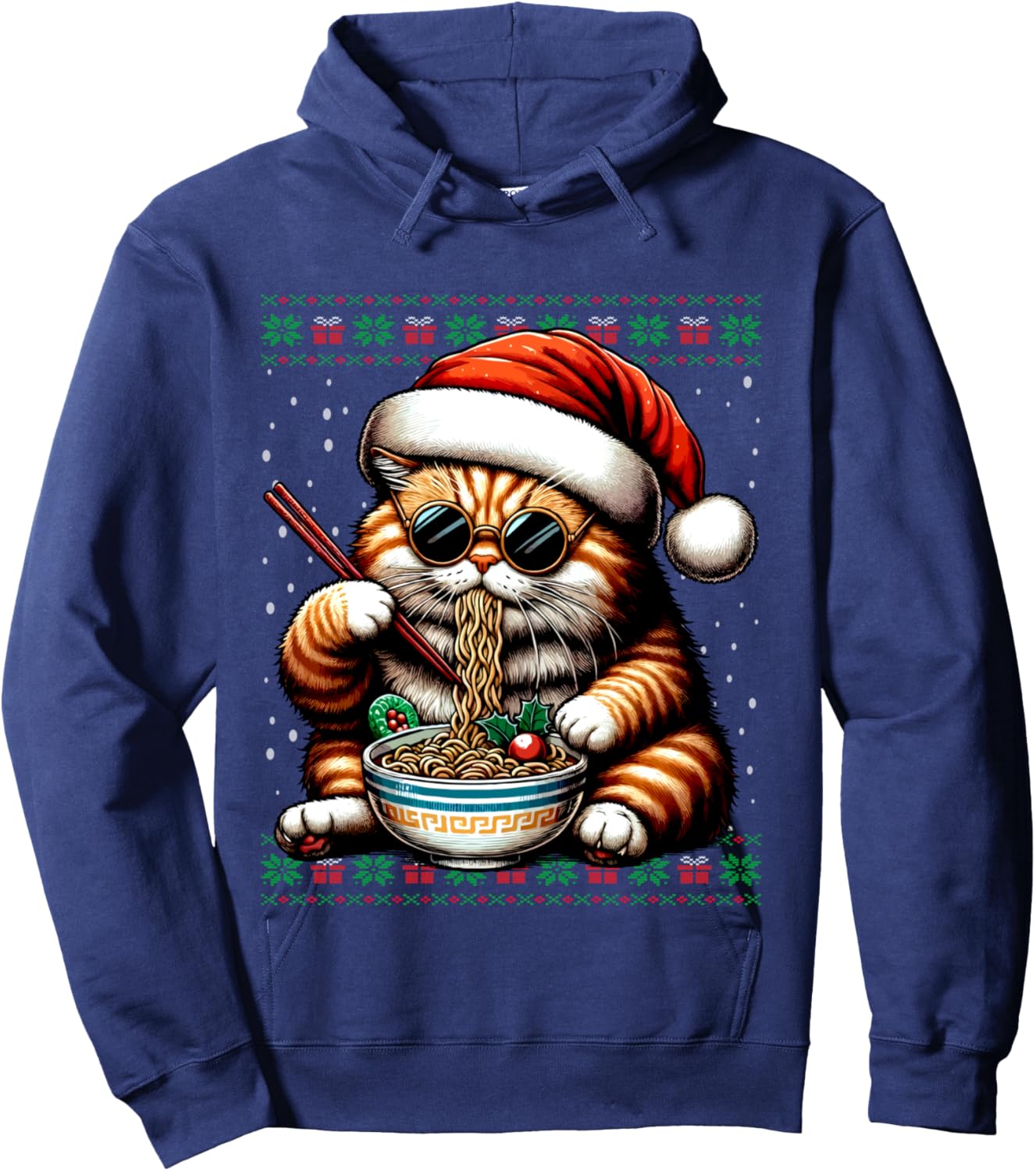 Christmas Cat Eating Ramen Ugly Christmas Sweater Hoodie - Hoodie | Navy
