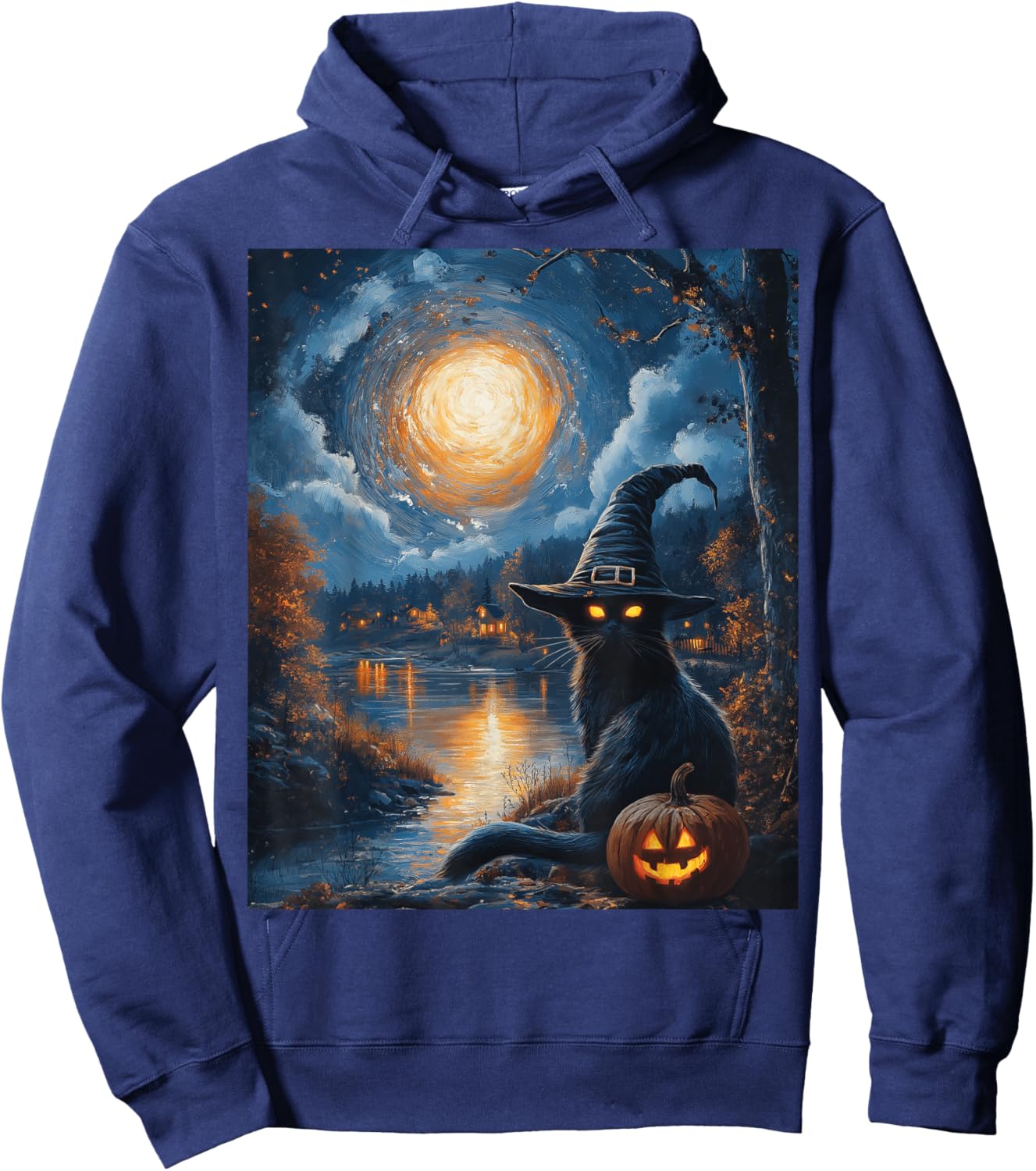 Halloween Van Gogh Starry Night Black Cat Pumpkin Spooky Hoodie - Hoodie | Navy