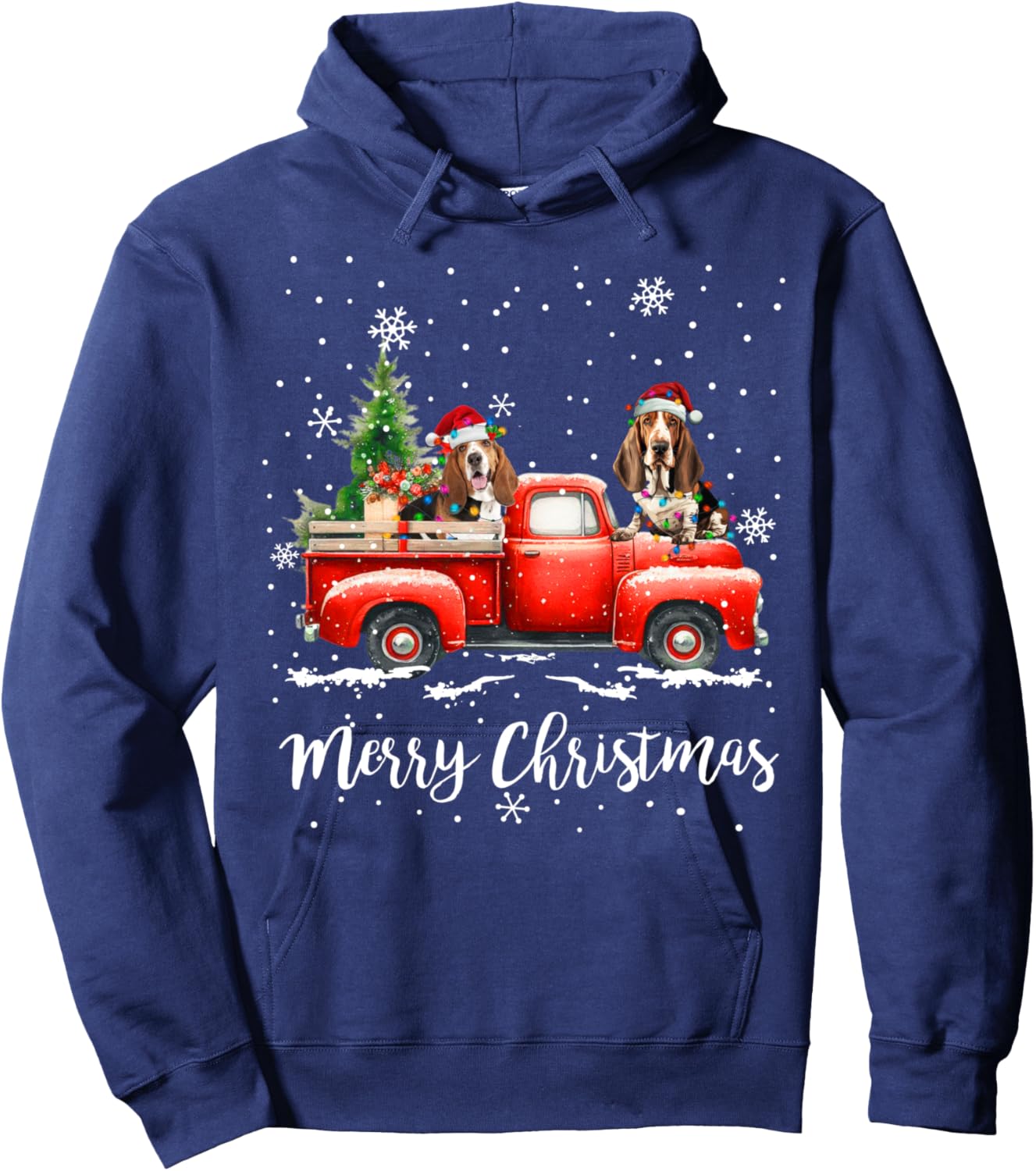 Basset Hound Red Truck Christmas Santa Hat Xmas Dog Lover Hoodie - Hoodie | Navy