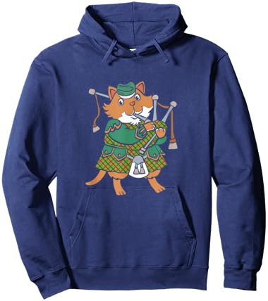 Scottish Kilt Cute Cat With Bagpipes Wearing Kilt Men Women Kids Hoodie - Hoodie | Navy