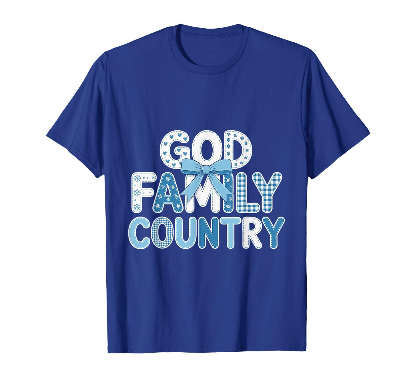 God Family Country - Patriotic Coquette Toile Blue Bow T-Shirt