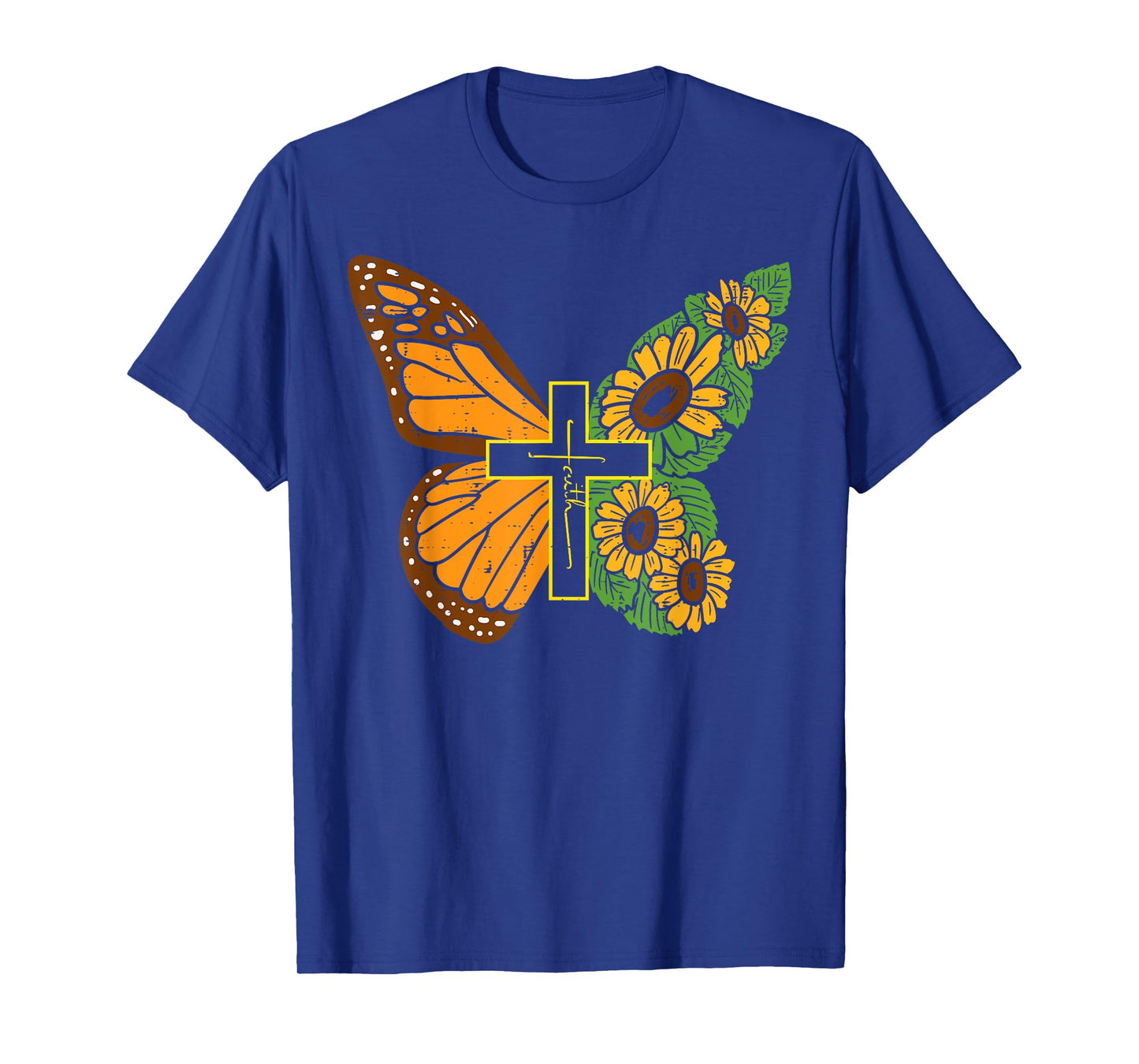 Butterfly Sunflower Cross Faith God Jesus Christian Women T-Shirt