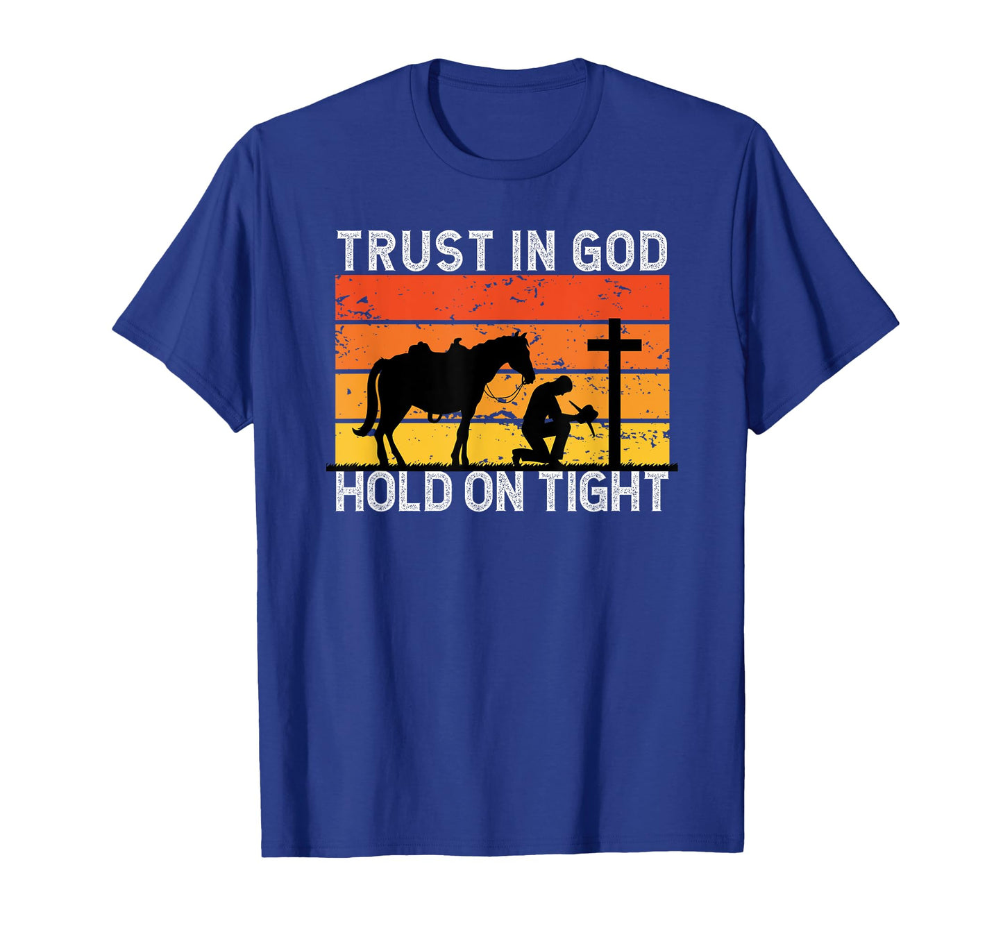 Christian Cowboy Gifts Apparel Unisex-Adults Black Cotton Blend Short Sleeve T-Shirt Small Trust In God Hold Tight Cowboy Kneeling At Cross Jesus Christian Cowboy T-Shirt